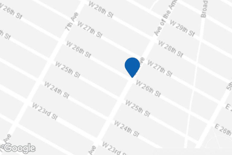 Map view of a commercial real estate listing located at 104 West 27th Street in New York City.