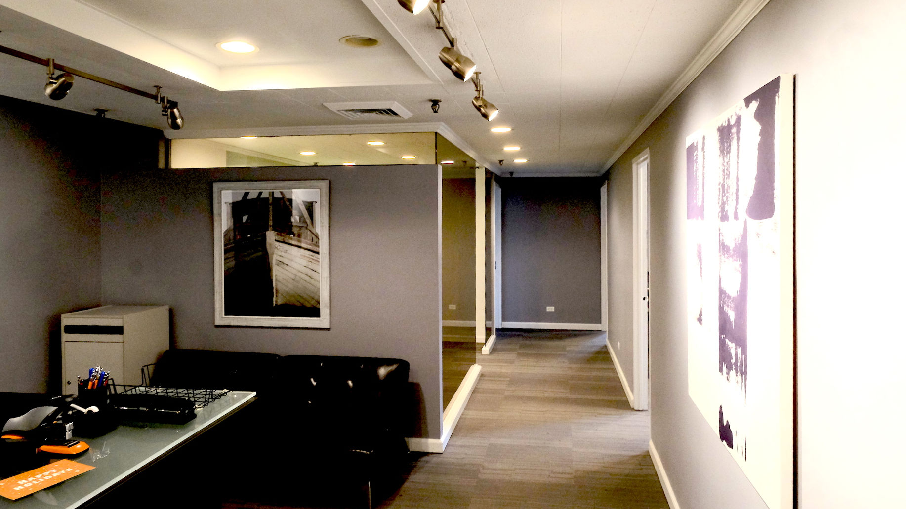 231 Madison Avenue, Partial 5th Floor office rental, modern office hallway with gray walls.