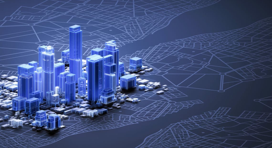 3D model of a futuristic cityscape in blue, wireframe style, superimposed on a dark blue map